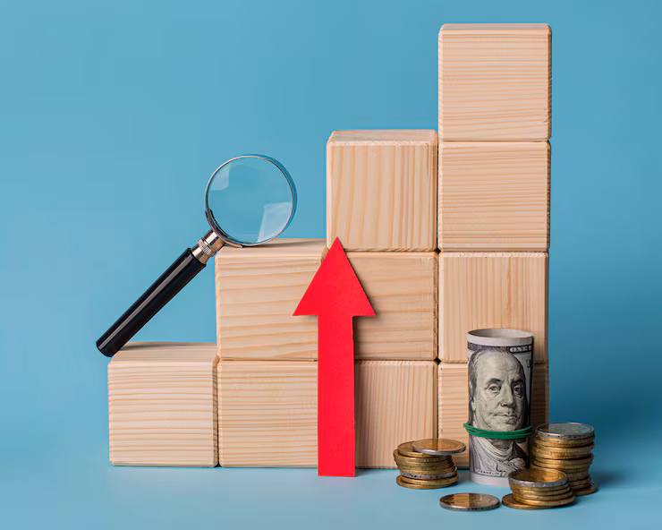 wooden blocks with magnifying glass growth arrow 23 2148780630